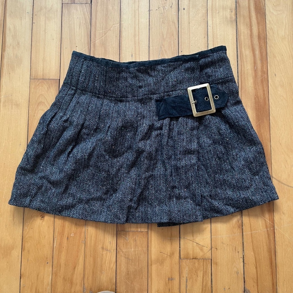 Free People Herringbone Buckle A Line Mini Skirt Charcoal Green Womens Size 0